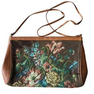 Vintage Andre Cellini Floral Tapestry Leather Shoulder Bag Hinged Opening ITALY